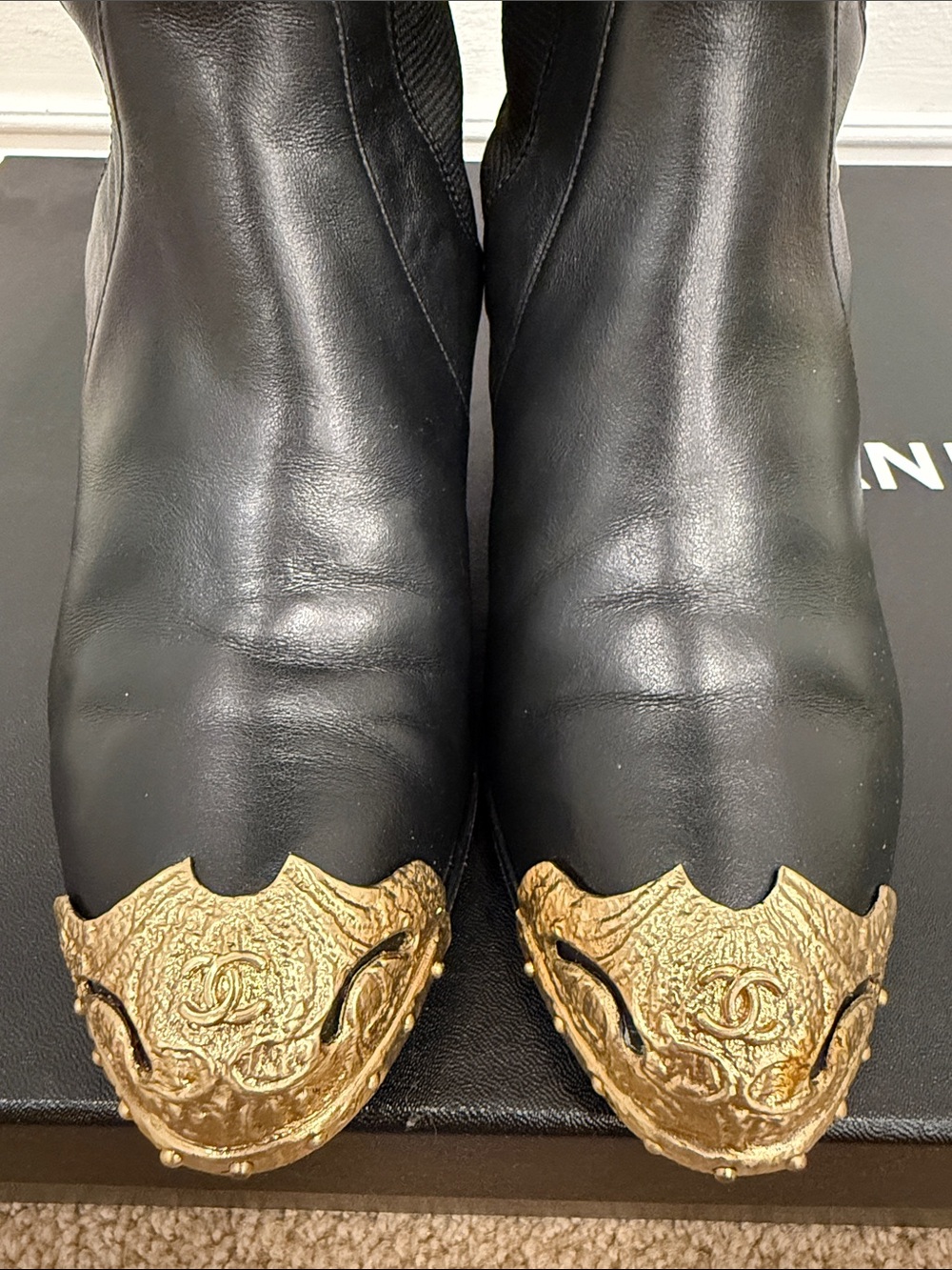 Chanel Runway Black Leather Knee High Boots Gold CC Cap Toe Western Hardware 37 - Picture 6 of 13
